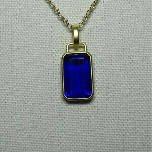 Gold-Tone Chain Necklace With Rectangular Blue Glass Pendant 1 Inch Long Adjusta